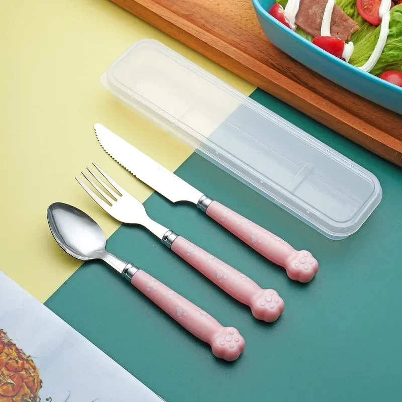 Creative Cartoon Stainless Steel Fork Spoon Chopsticks Three Piece Set Cute Student Spoon Chopsticks Portable Tableware Set For