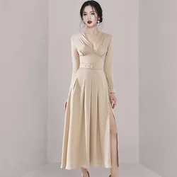 High Quality Runway Autumn Solid Party Midi Dress Fashion Sexy Women Deep V Neck Long Sleeve Split Ladies Office Dress With Belt