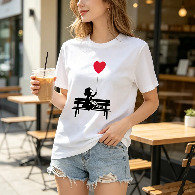 Heart Balloon Bench Girl Graphic T-Shirt Romantic Black Red Print Cotton Short Sleeve Tee Casual Streetwear for Men Women