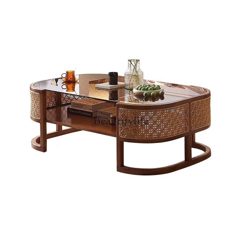 Modern simple solid wood coffee table Nordic glass removable rattan rectangular coffee table