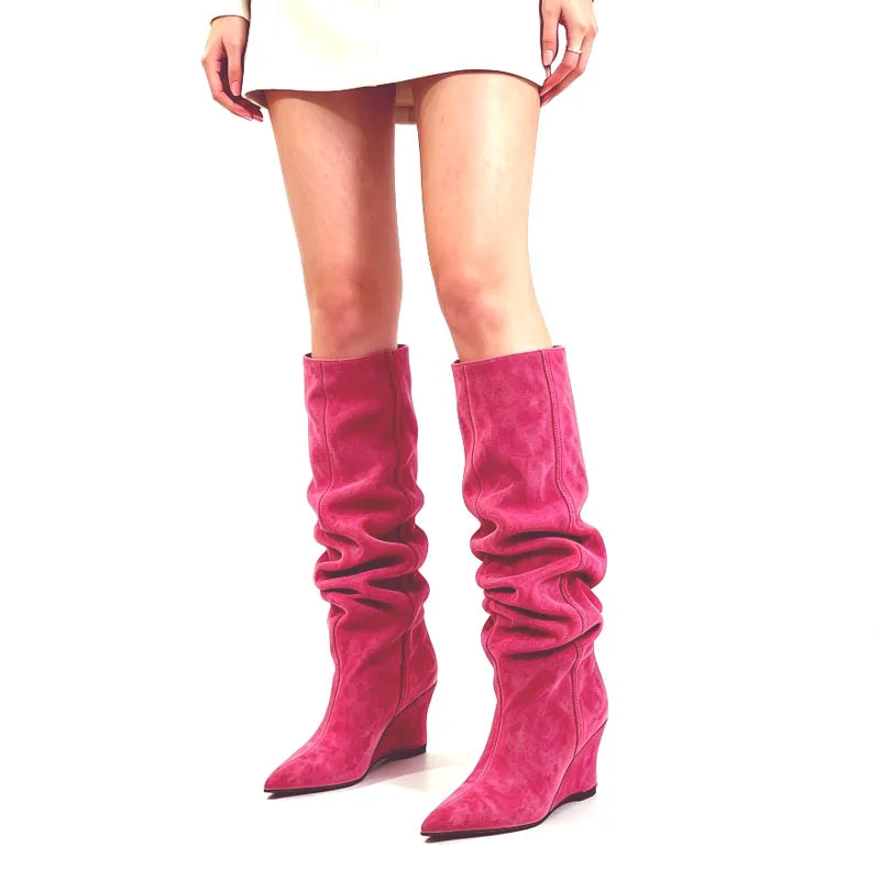 Fashion Fuchsia Suede Natural Fold Wedge Heel Knee Boots Pointed Toe Loose Slip On Long Botas Woman Street Spring Boots