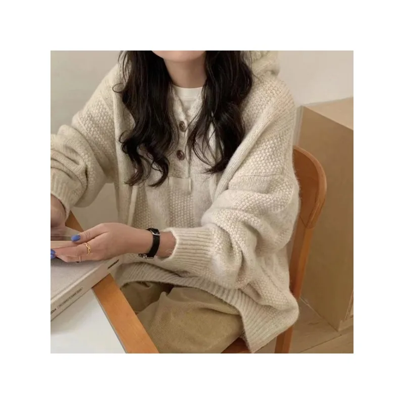 

2025 NEW Winter Hooded Sweater Women's Loose Fit Idle Style New Thickened Knitted Top Sweatshirt Cozy Warm For Cold Seasons