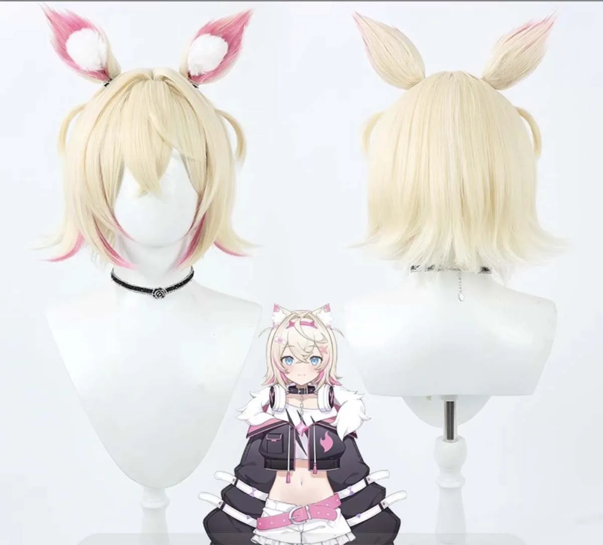 Virtual YouTuber VTuber Hololive Mococo Abyssgard  Short Blonde Pink Mixed Hair Wig With ears