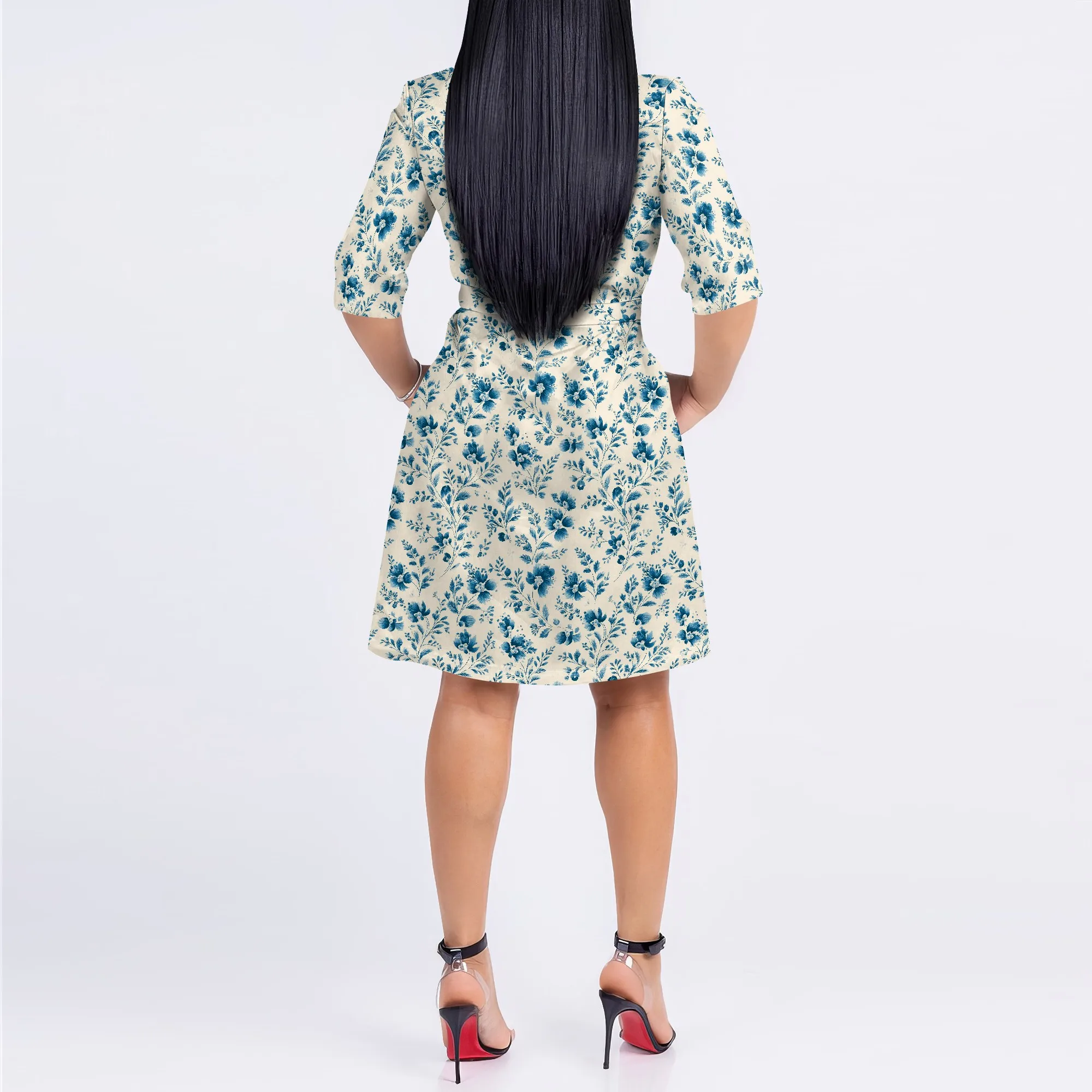 Dames overhemdjurk met knopen, V-hals, bloemenprint, mini-jurk met korte mouwen, casual korte feestjurk met riem en zak