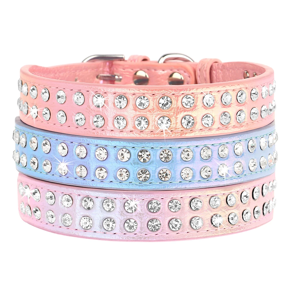 Crystal Small Dog Collar Leather Rhinestone Pet Dogs Collar Padded Puppy Cat Collars Adjustable for Small Dogs Chihuahua