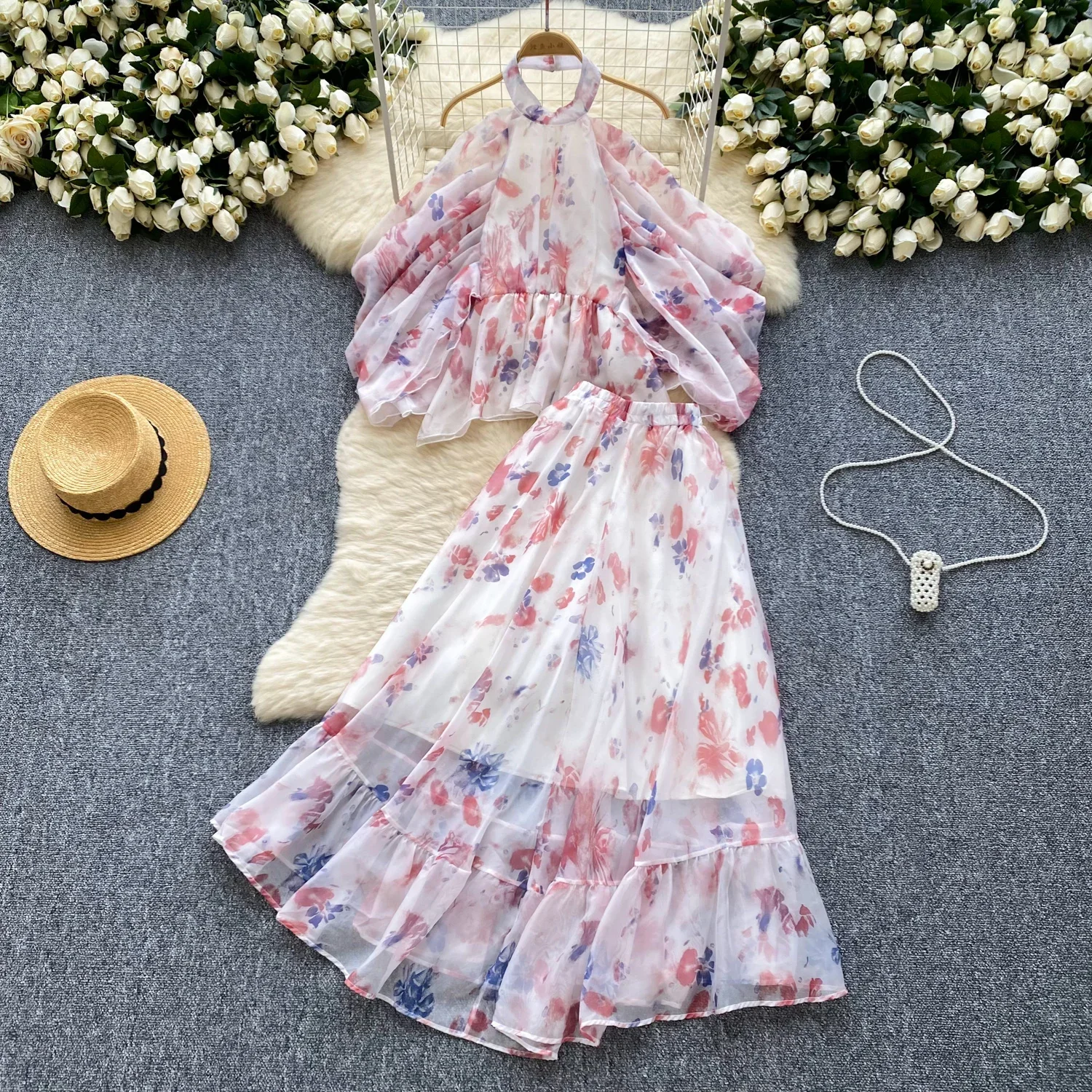 Chic Print Women Two-Piece Sets Vintage Halter Backless Zipper Top High Waist Long Skirt French High Street Summer Clothing