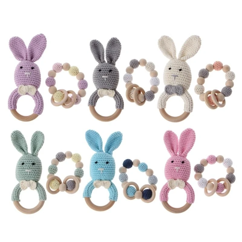

M76C 2Pcs/Set Baby Wooden Teether Bracelet Crochet Bunny Teething Ring Chewing Toy Baby Rattle Cartton Bunny Crochet