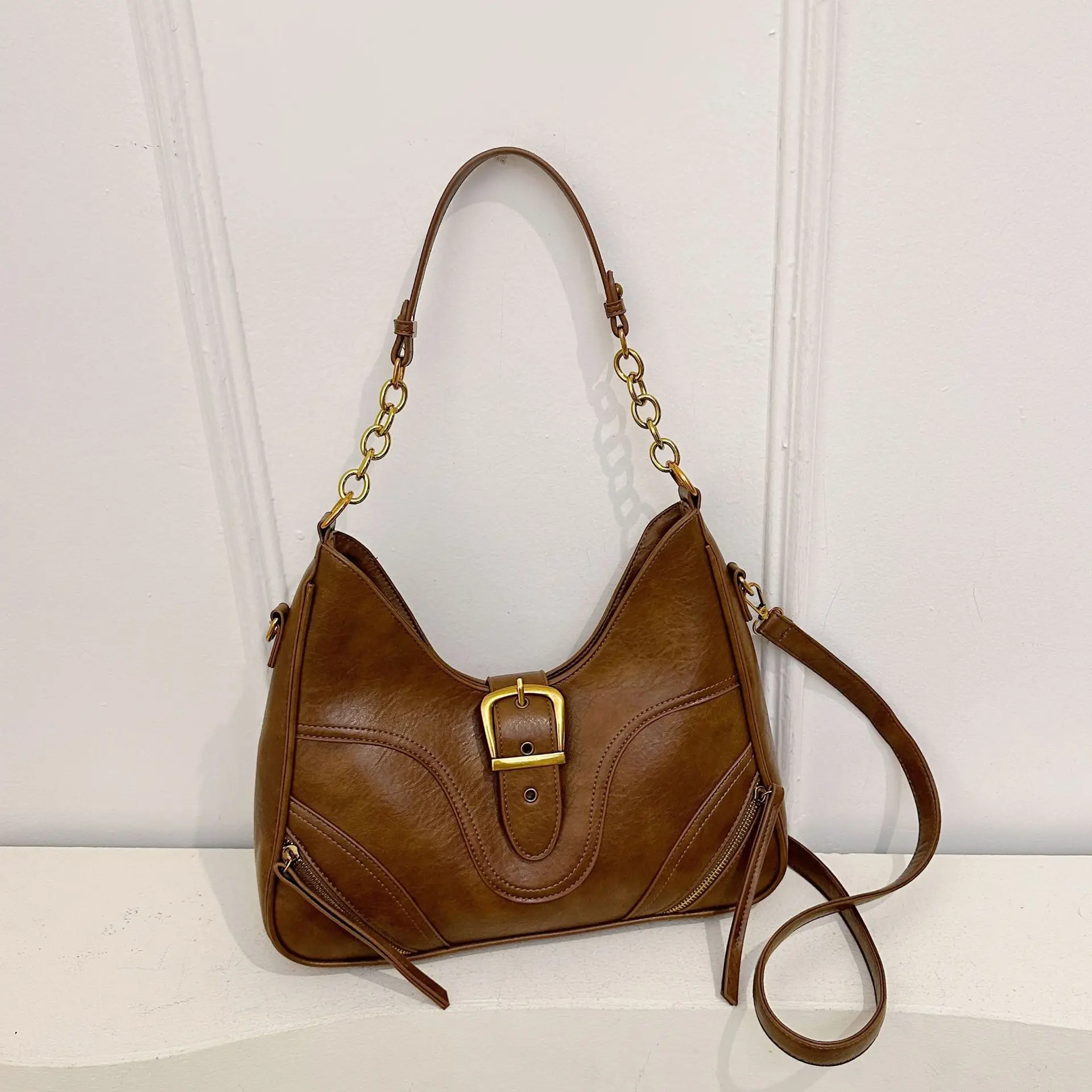 

Vintage-Inspired Multi-Way Shoulder Bag for Women, Retro Belt Buckle Purse with Chain, Chic Casual & Office Crossbody