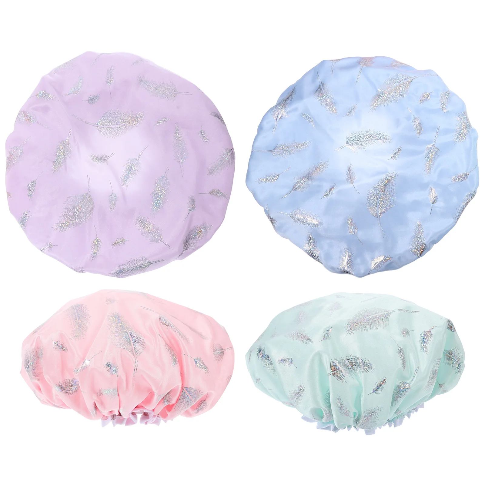 

4pcs Waterproof Shower Cap Double Layer Pe Material Reusable Elastic Fit For Women Bathing Swimming Hair Protection
