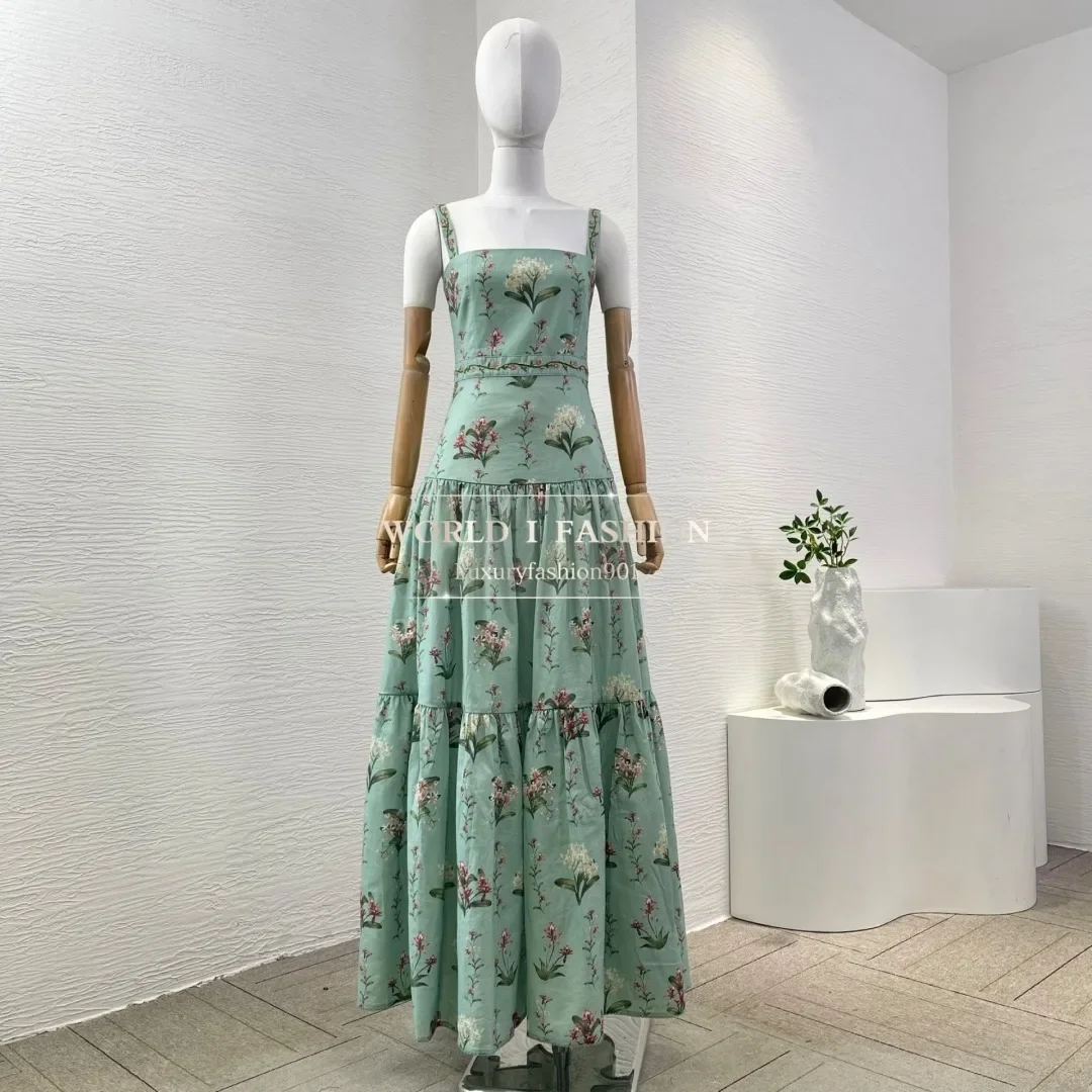 

High Quality Green Floral Print Sleeveless Embroidery Beading Pleat Hem Maxi Dress