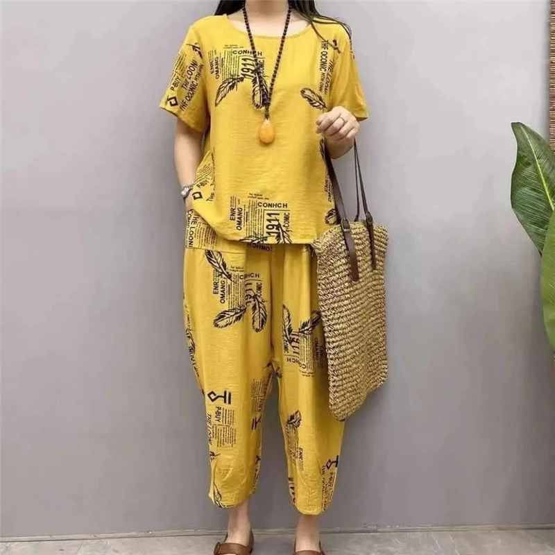 Camicetta di lino di cotone con stampa in stile etnico retrò Boho da donna Set di due pezzi estate Casual allentata manica corta top pantaloni da