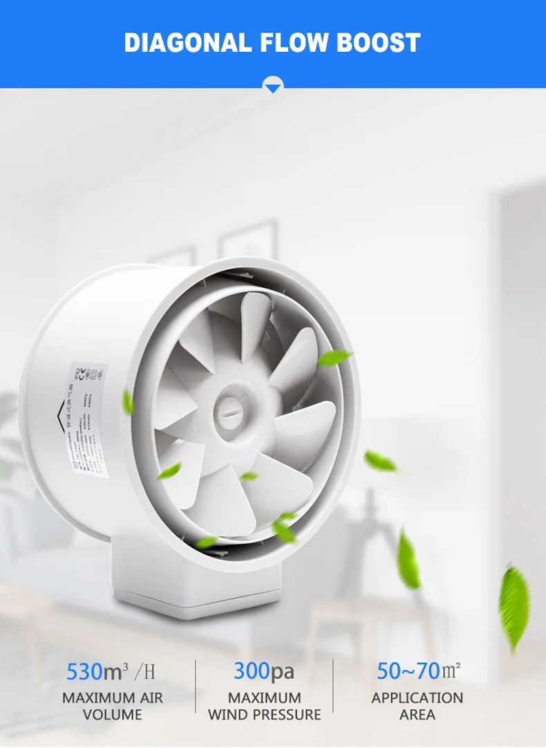 6'' Inline Duct Fan Air Ventilator Exhaust Fan Mixed Flow Inline Fan Air Extractor for Home Bathroom Ventilation Vent