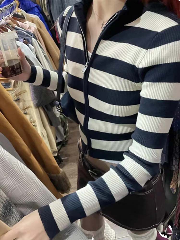 Vintage Striped Slim Knit Cardigan Women Soft Cotton Zipper Spring Long Sleeve Sweater Female Casual  Simple Sexy Crop Top Y2k