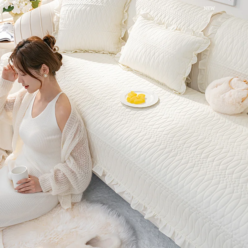 French Pure Cotton Sofa Cover with Lace Exquisite Dust-Proof Non-Slip Sofa Cushion for Four Seasons Soft Breathable Home Decor
