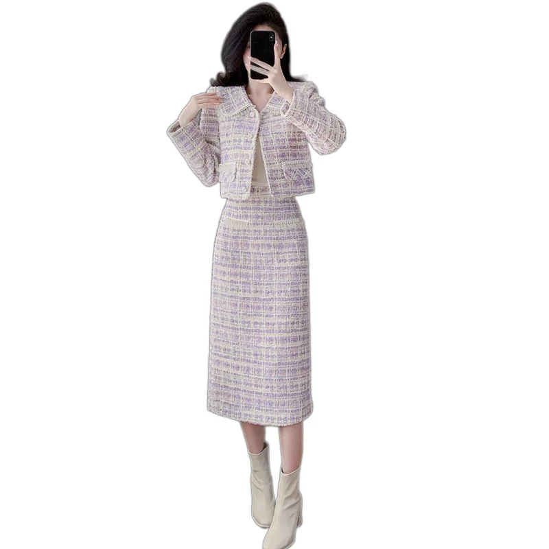 Autumn Winter Women Elegant Purple Plaid Tweed Skirt Sets High Quality Beading Short Jacket And High Waist Skirt Two Piece Set