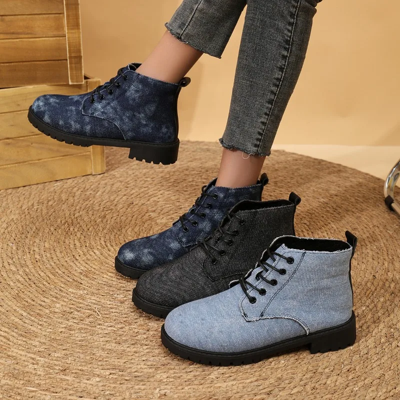 Women's Platform Boots 2024 Hot Sale Lace Up New Women's Ankle Boots Autumn Fashion Round Toe Chunky Heels British Cowboy Boots