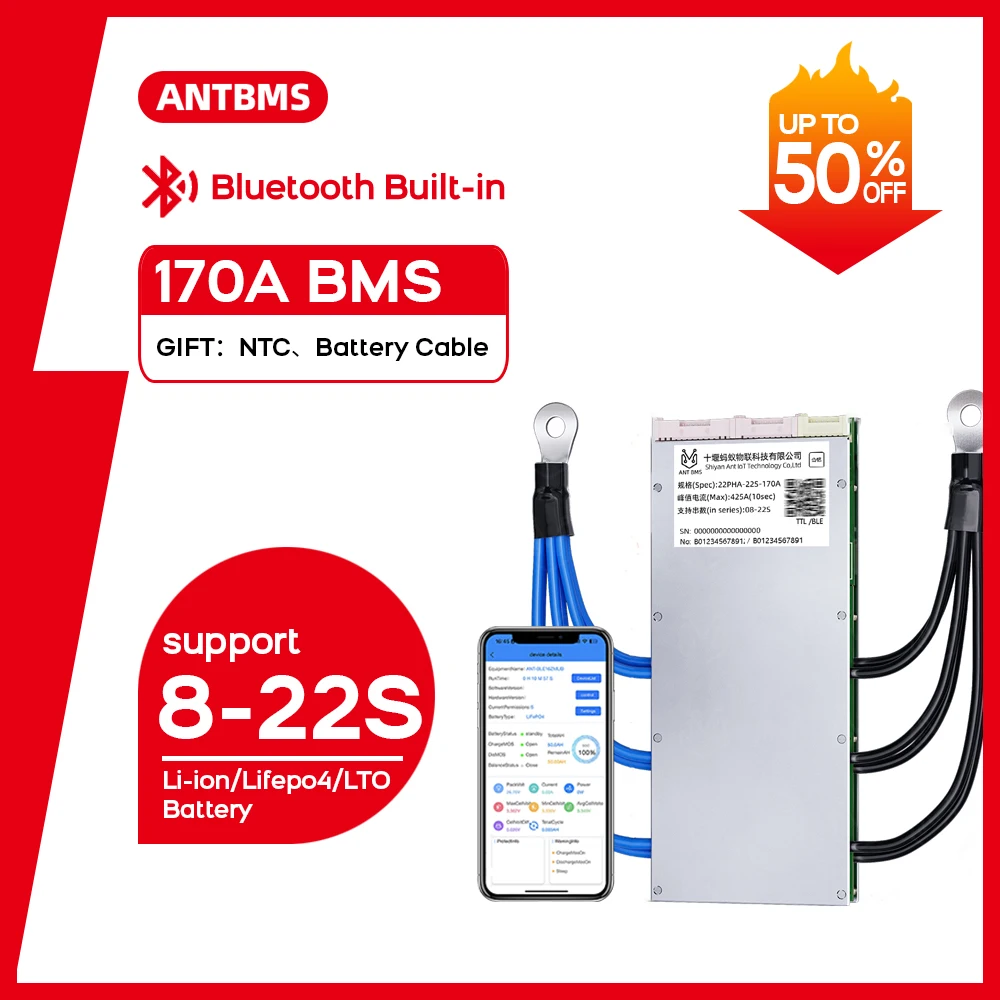 

ANT BMS 8-22S 170A Li-ion Lifepo4 LTO Battery 24V 36V 48V 60V BT smart balance board 10S 12S 13S 14S 15S 16S 17S 18S 19S 20S 21S