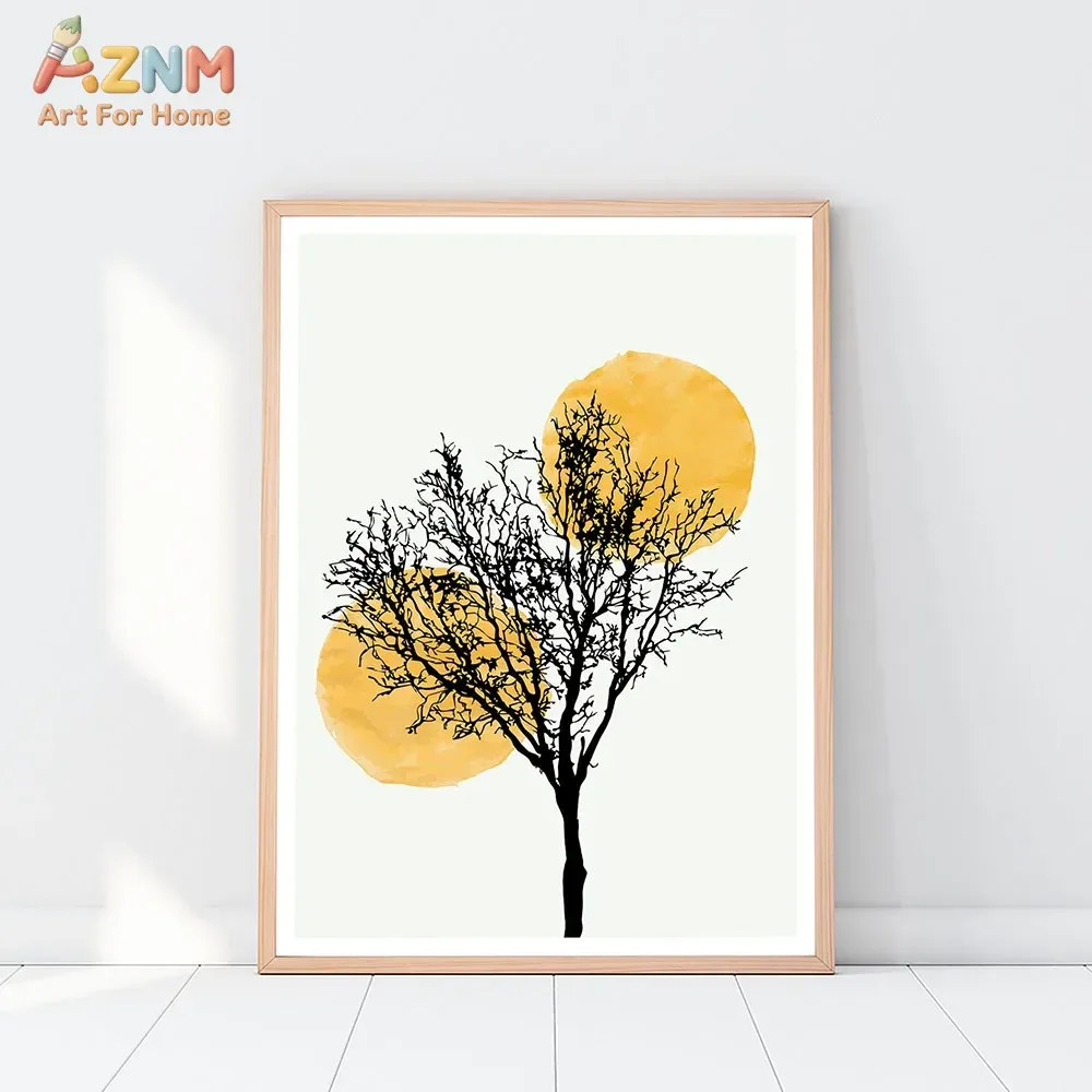 AZNM Minimalist Boho Tree Silhouette Wall Art Canvas Print Unframed Modern Abstract Yellow Sun Nature Painting For Living Room B