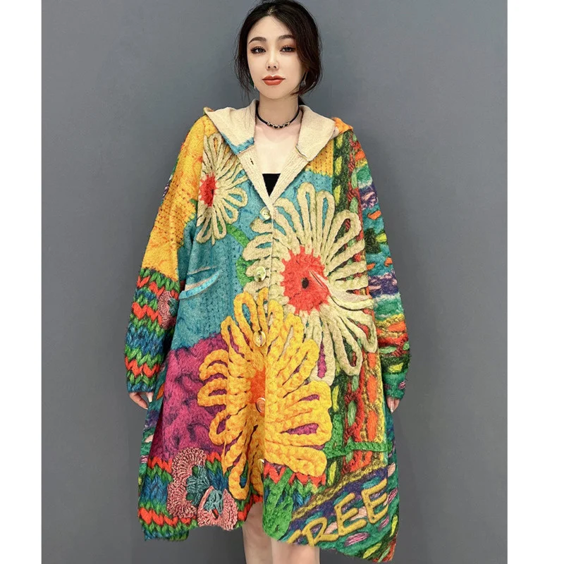 Vefadisa Color 2024 Autumn New Women Printed Sweater Cardigan Hooded Long Sleeve Knit Cardigan Casual All-match Coat ZXY829A