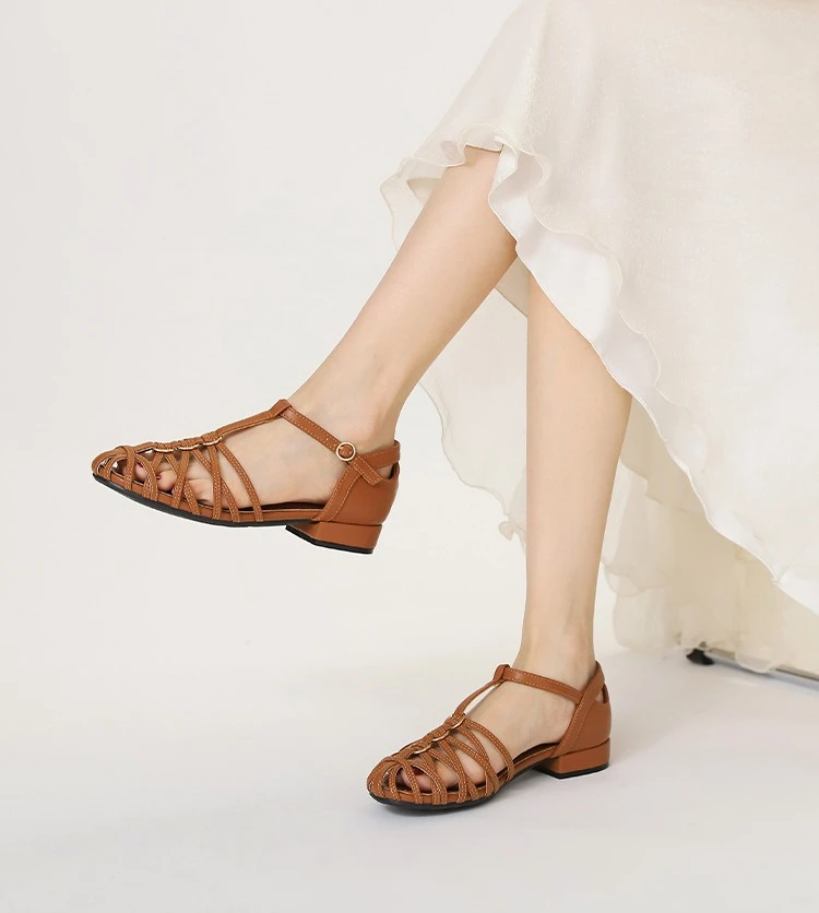 Plus Size Women Roman Sandals Woven Chunky Heel Closed Toe Ankle Strap Hollow Vintage Fashion Dress Beach Gladiator Sandalias