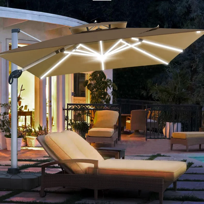 

12ft Cantilever Umbrella Solar Power Umbrella & Base Led Light Parasols Patio Nature Outdoor Garden Outdoor Furniture Umbrellas
