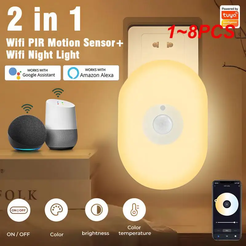 

1~8PCS WiFi Tuya Smart LED Night Light PIR Motion Sensor Light EU US UK Plug Wall Lamp Warm White RGB Room App Voice For Alexa