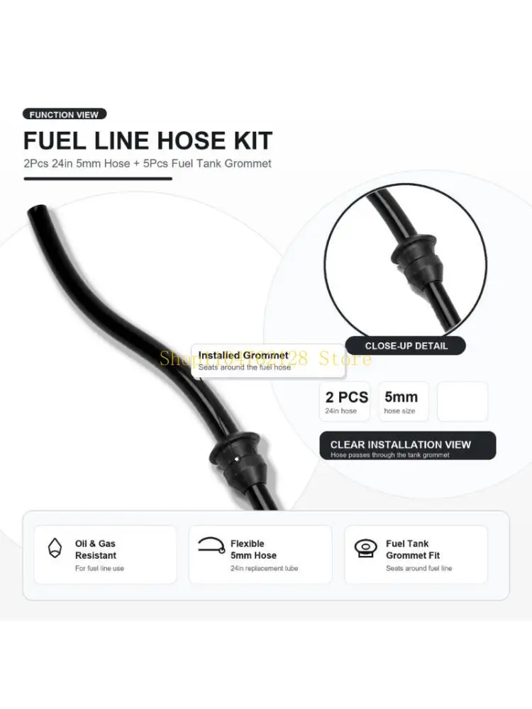 Gas Line and Bushing Set for Small Engine Routine Service, 2 Black Hose Replacements 24 in 5 mm Outer Diameter and 5 Rubber