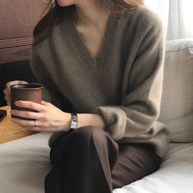 

Vintage Classic Knit Pullover Women Long Sleeve V Neck Warm Sweater Harajuku Y2K Elegant Loose Lazy Korean Casual Fashion Top