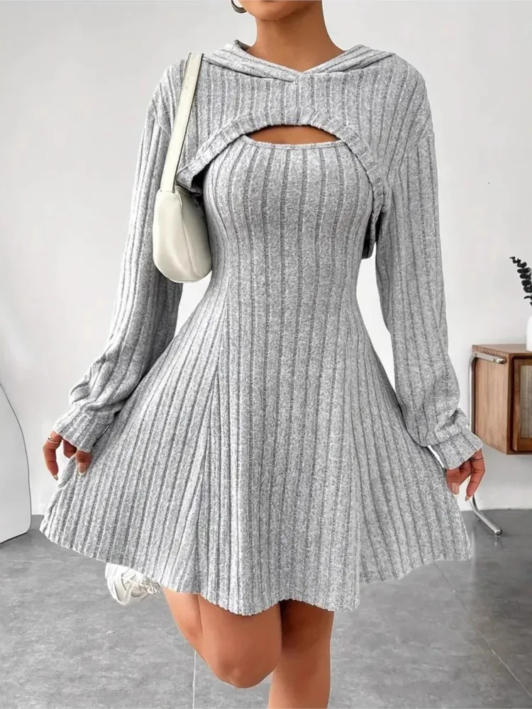 Herfst Winter Mode Gebreide Dames Rokkostuum Lange Mouwen Hoodie Top + Elegante Vrouwelijke Mouwloze A-lijn Tank Top 2-delige Set