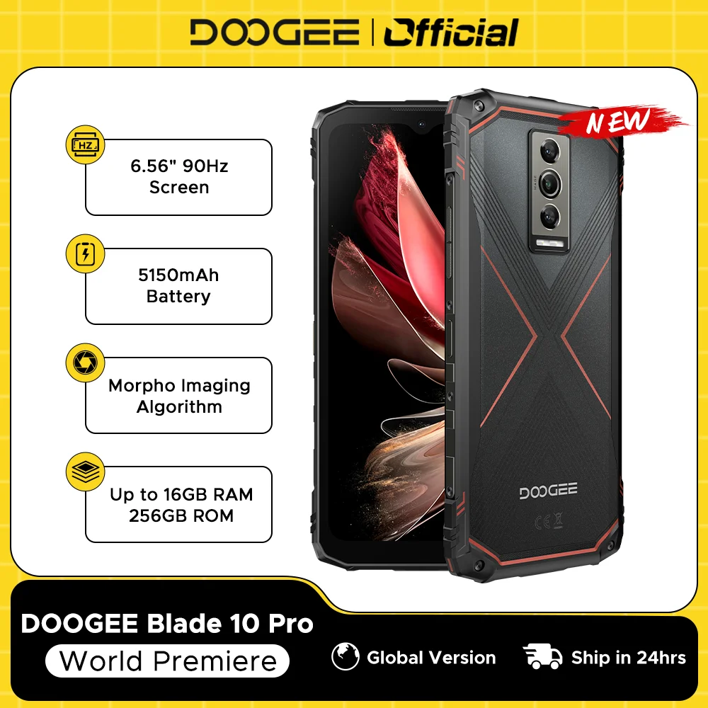 DOOGEE Blade10 Pro 견고한 휴대폰, 6.56 인치 90Hz IPS 화면, 6GB + 256GB 옥타 코어, 50MP AI 메인 카메라, 5150mAh 안드로이드 14, 월드 프리미어 