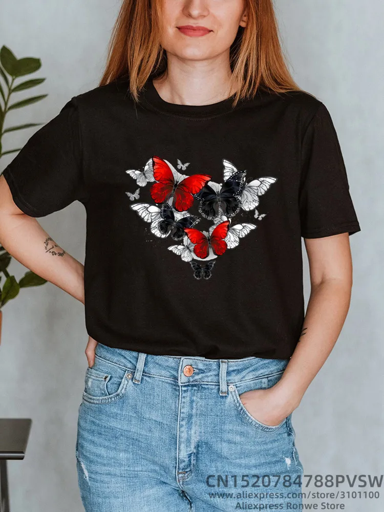 Women Red Butterfly Flower Funny Print T-shirt Girl Summer O Neck Y2K Top Tee Female Harajuku Black Hip Hop Streewear Clothing