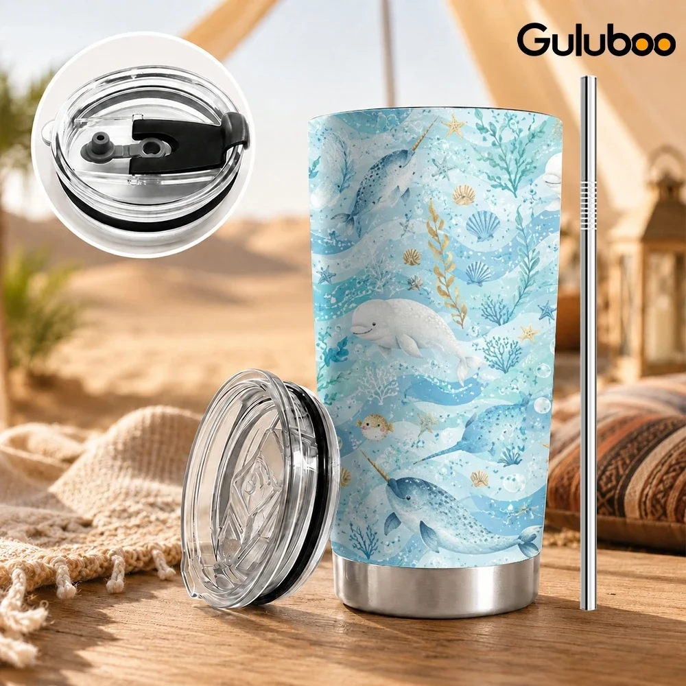 Watercolor Marine Sea Creature Vacuum Flasks 20oz Stainless Steel Insulated Tumbler Double Wall Cup with 2 Lids Straw Travel Mug
