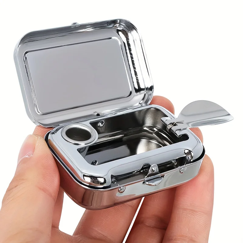 Portable Metal Ashtray Pocket Size, Mini Square Car Ashtray With Lid, Creative Gift For Men, Travel, Outdoor, Leakproof