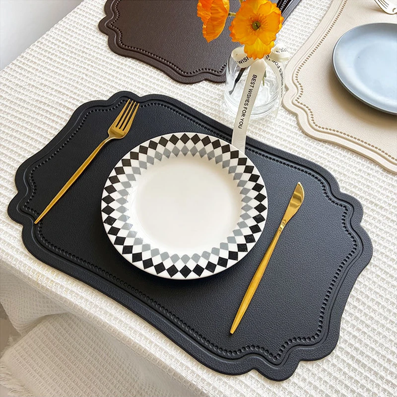 6/4pcs Edging PU Leather Placemats Ins Style Solid Color High-end Dining Table Decoration Mat Home Pasta Steak Embossed Bowl Pad