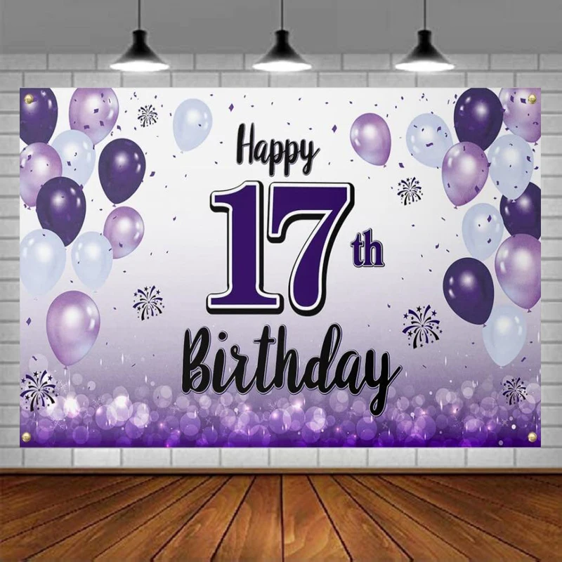 Photography Backdrop Purple Banner - Cheers To Seventeen Years Old 17th Birthday Party Background Photo Studio Decorations