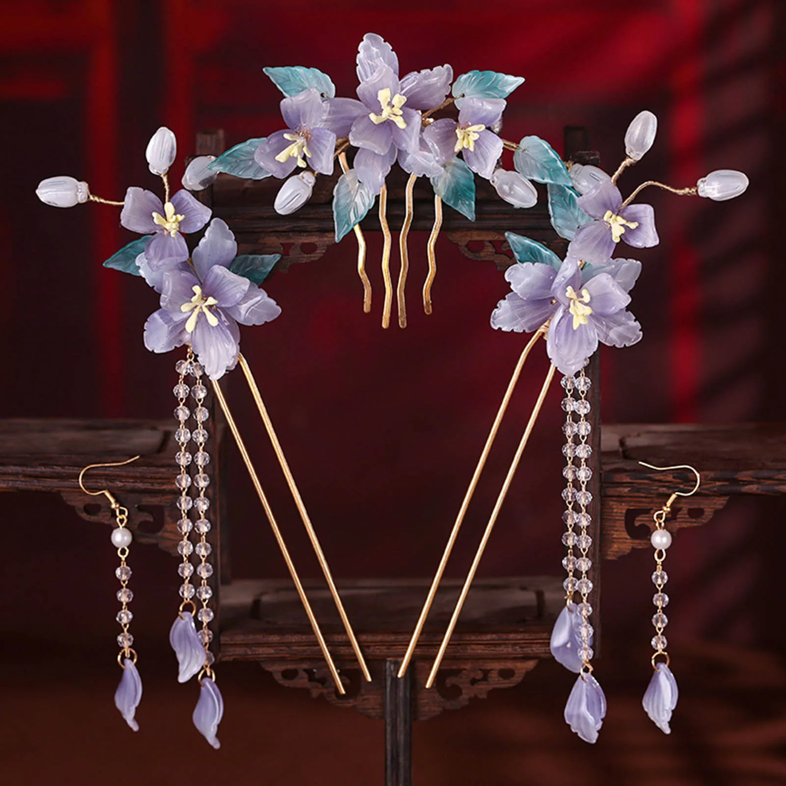 Chinesische Hanfu Haar Stick Haarnadel Ohrringe Haar Zubehör Set Lange Fransen Vintage Haarnadel Blume Handgemachte Hochzeit Haar Schmuck