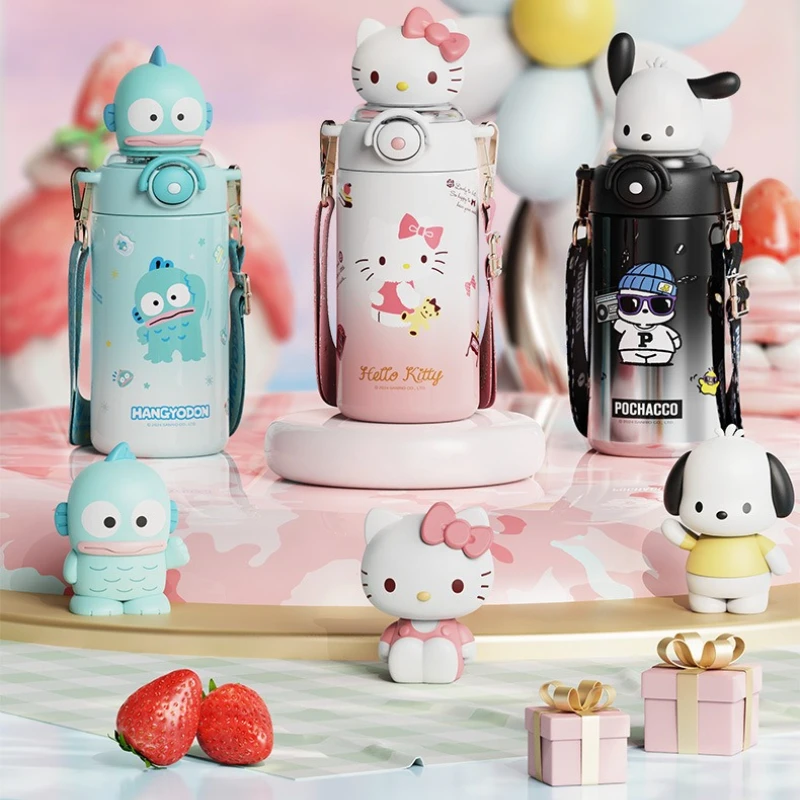 

Термокружка Sanrio с 3D-изображением Hello Kitty, из нержавеющей стали SS316, с трубочкой и кольцом для переноски, Kuromi, My Melody, портативная детская бутылка для воды