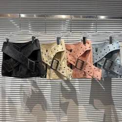 Girls Skirts 2024 Spring and Autumn New Fashion Cross Wide Belt Matte Leather Elastic Waist Short Skirt