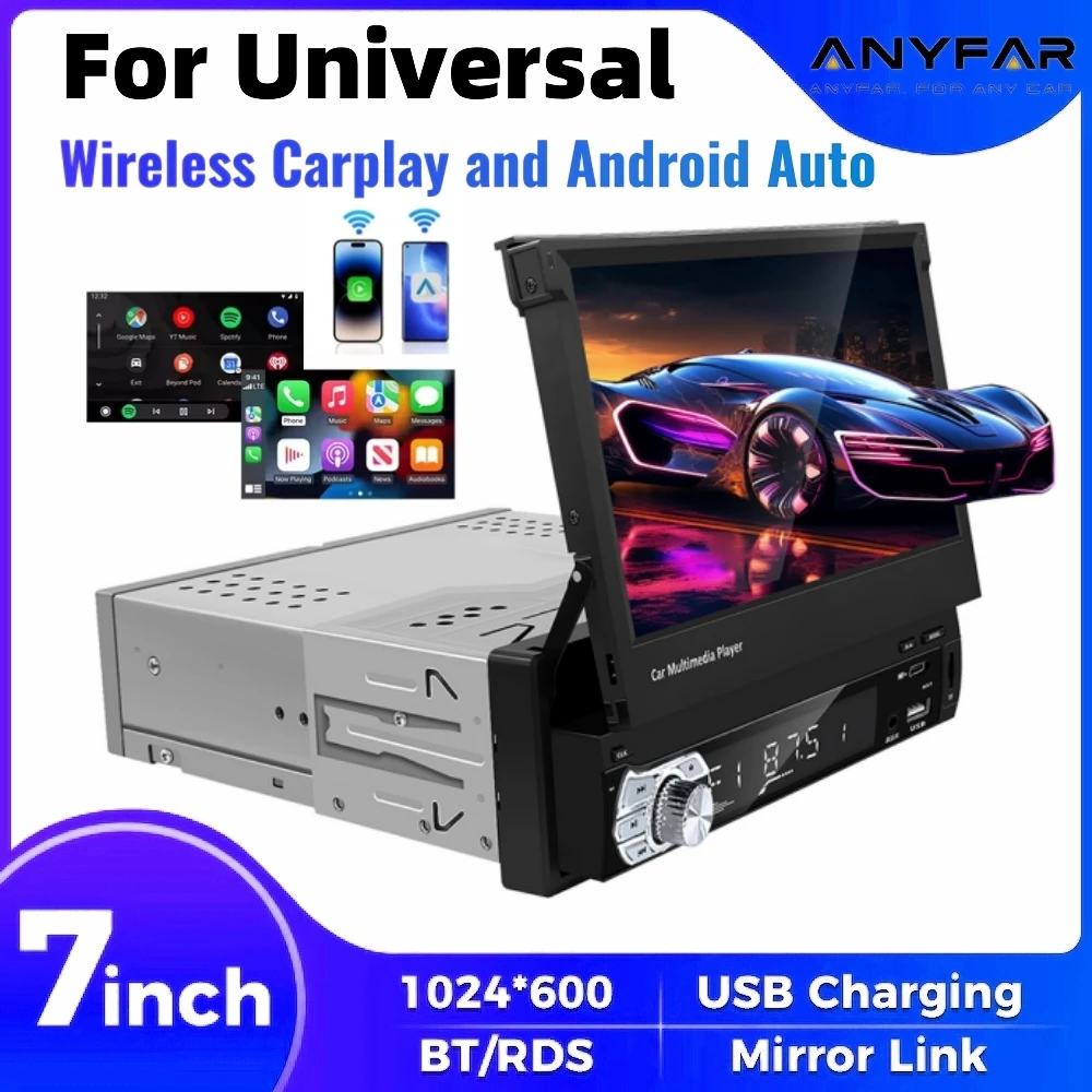 Universal 7 Inch Flip Out Car Stereo 1 Din Car Radio Wireless Carplay Android Auto WIFI GPS Navigation Retractable HD Screen