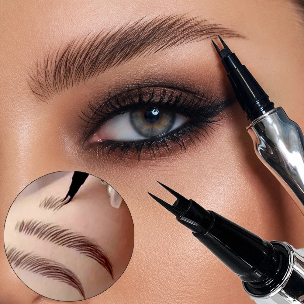 2 Forks Liquid Eyebrow Pen All Day Wear Waterproof Ultra Fine 3D Natural Wild Eyebrow Long Lasting Eyebrow Enhancers Tattoo Tint