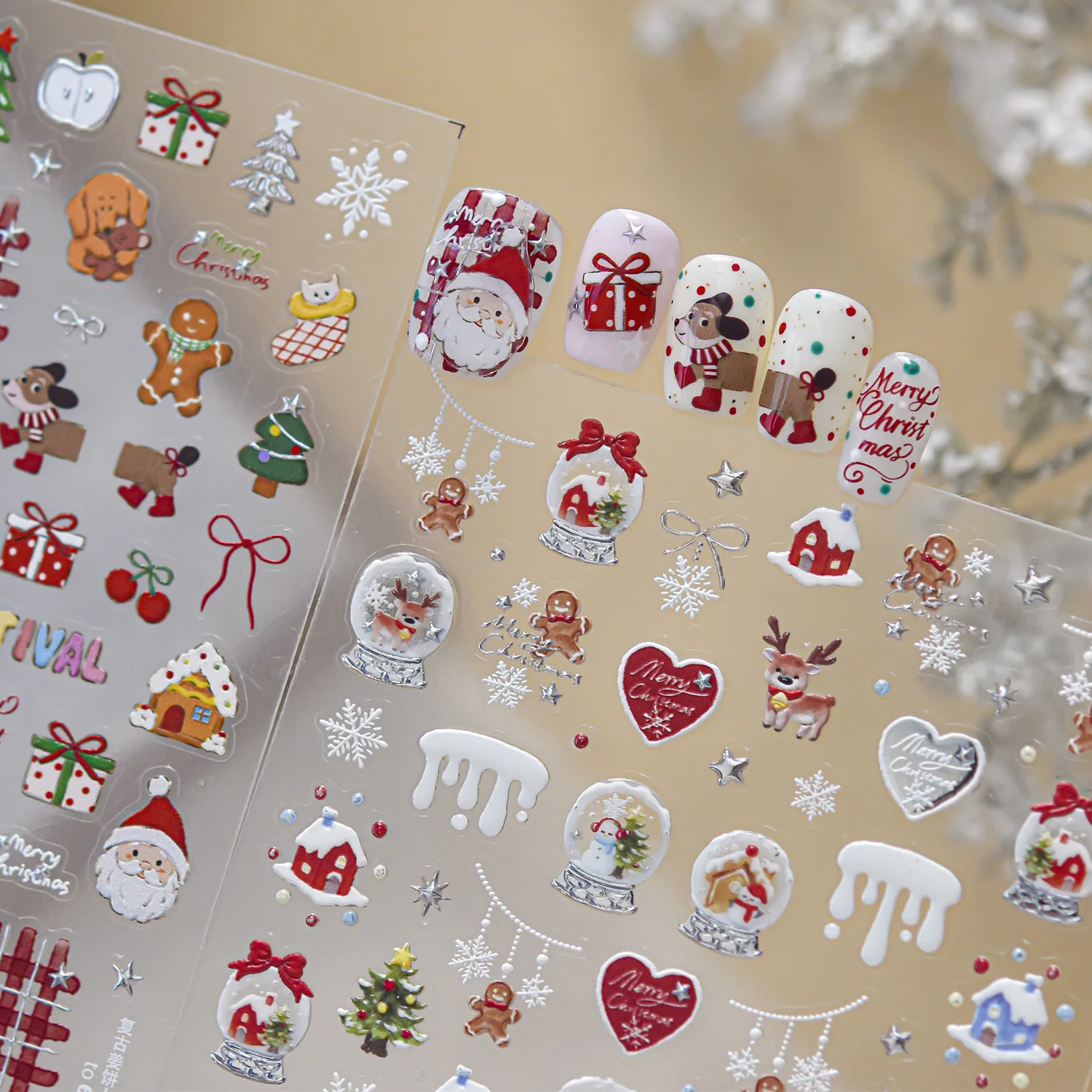 5D Vintage Merry Christmas Nail Stickers Gingerbread Man Puppy Santa Christmas Tree Gift Box House Snowflake Nail Decals Winter