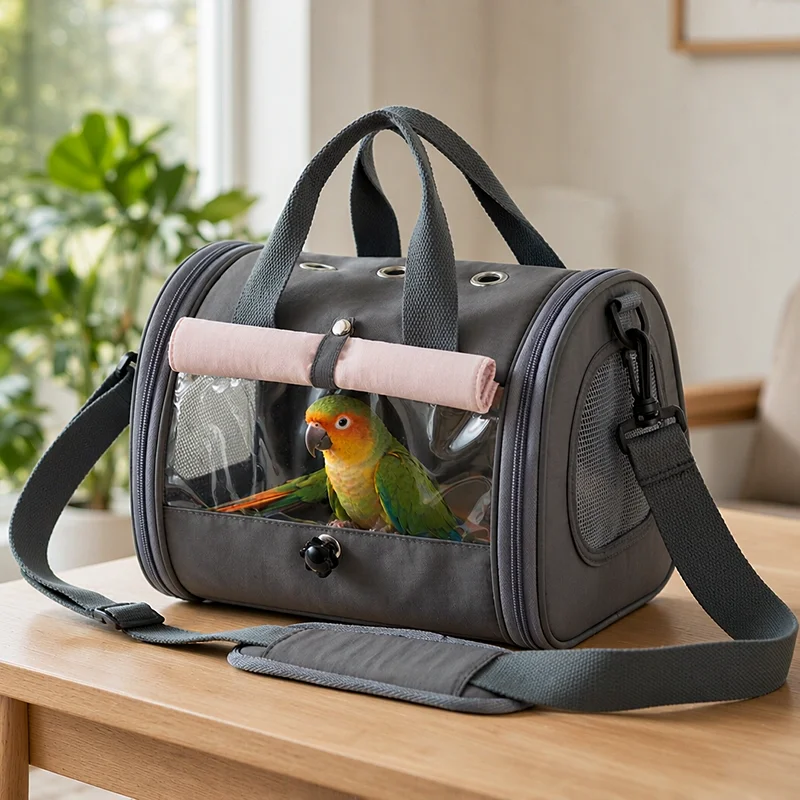 Bird Carrier Bag with Wooden Perch & PP Tray, Transparent Parrot Travel Backpack Adjustable Strap Small Pet Travel Crossbody Bag