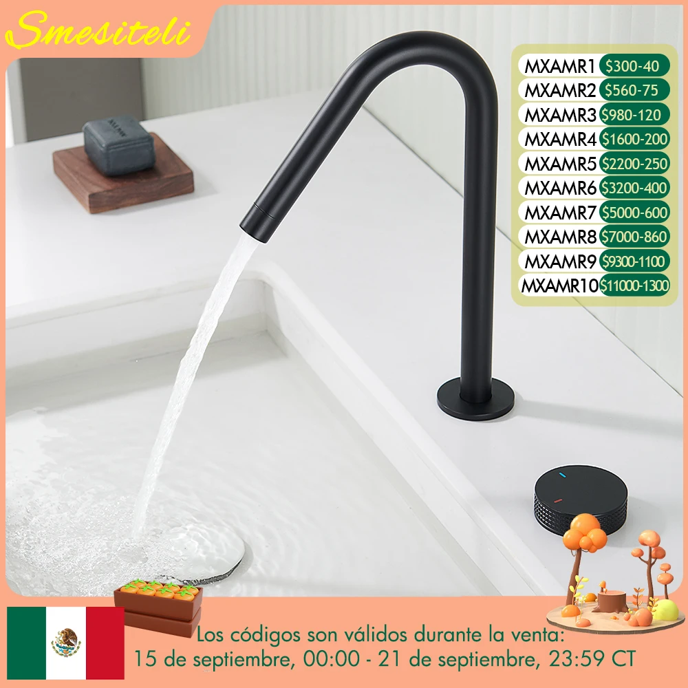 

Матовый черный кран для раковины, Накатанная ручка, кран для раковины, вращающийся на 360 градусов Носик, два отверстия, настольный кран для раковины, кран для ванной комнаты