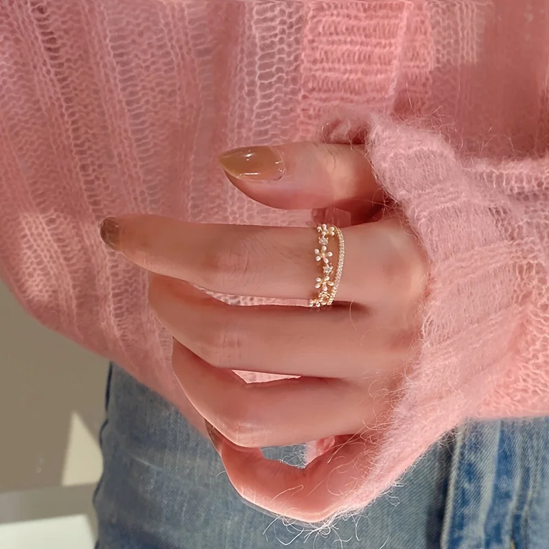 New Fashionable Micro Inlaid Zircon Flower Double Layer Ring for Women with High Luxury and Sweet Fashion