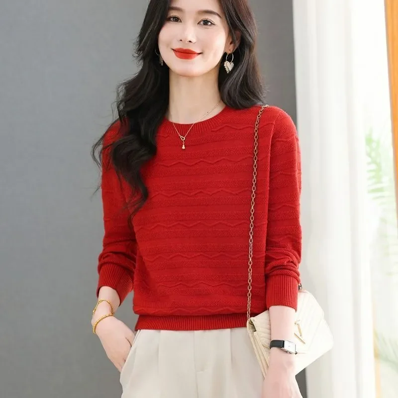 Elegant Mature Women Spring Autumn Wave Texture Knit Sweater Crew Neck Long Sleeve Thin Casual Layering Pullover Tops