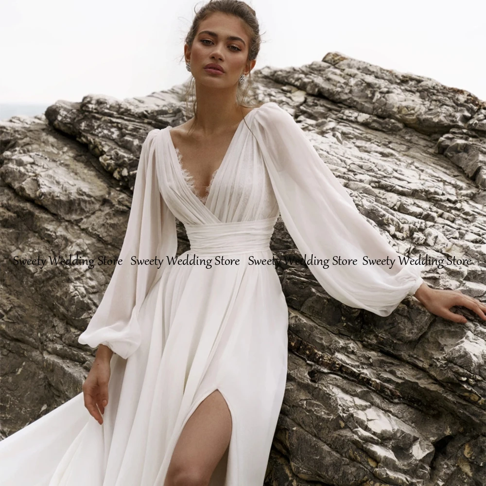 Jiayigong 2022 Beach Wedding Dress for Women Long Sleeves V Neck Lace Pleat High Slit Sexy Bride Dresses Chiffon Bridal Gown