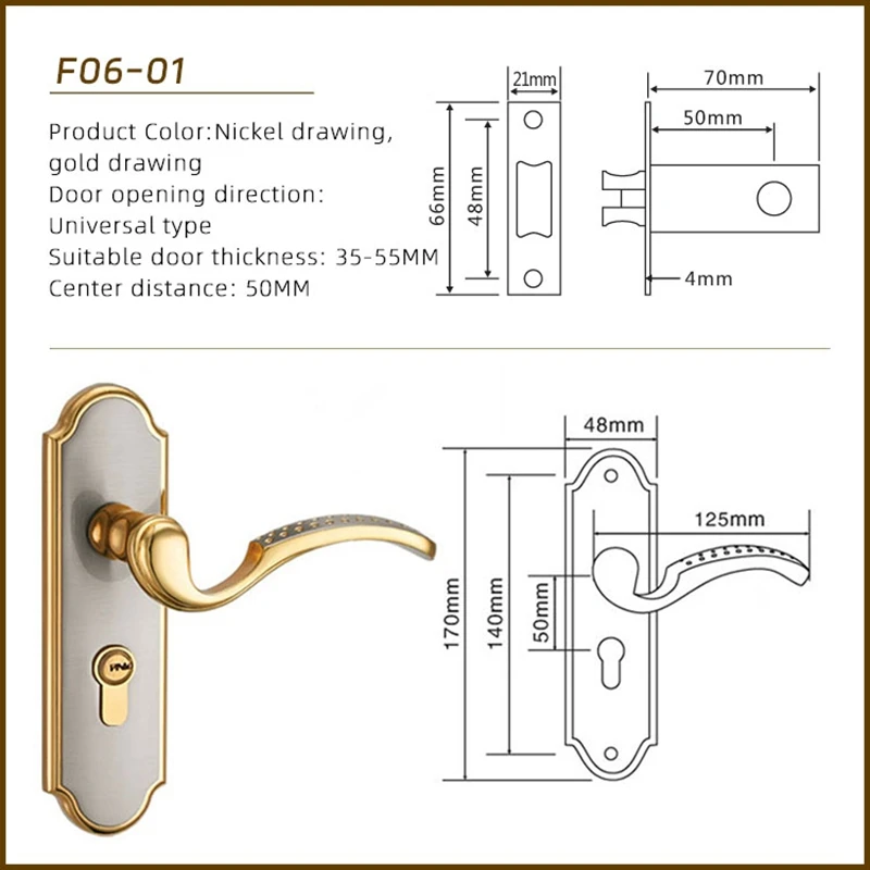 Golden bedroom door lock, household wooden door, universal indoor door handle with key, zinc alloy panel hole spacing F140