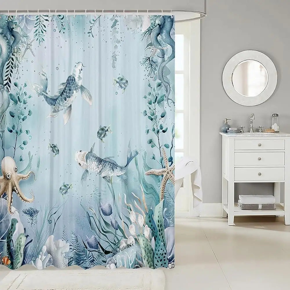 Waterproof Ocean Marine Life Shower Curtain Blue Undersea Tropical Fish Coral Deep Sea Pattern Bathroom Shower Liner Decorative