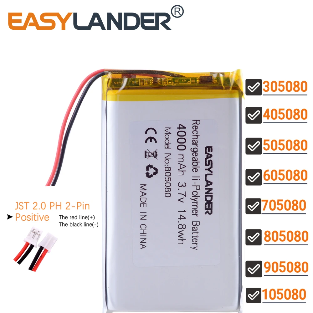 JST 2.0mm 2Pin 3.7V 4000mAh 805080 Bateria de polímero de íon-lítio Lipo 305080 405080 505080 605080 705080 905080 105080