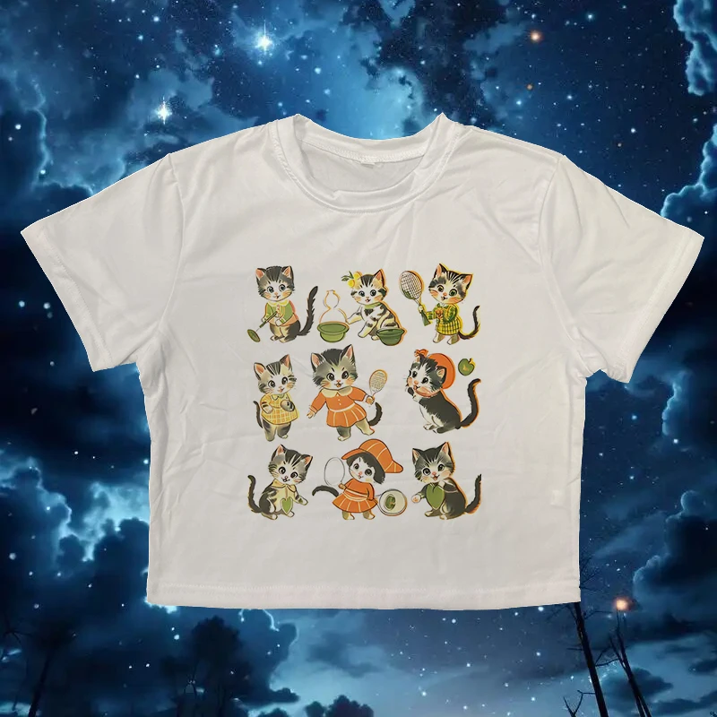 

Gothic Punk Slim Versatile Classics Tee Fashion Creative Cat Pattern Print Sexy Crop Top Harajuku Aesthetic Casual Women T-Shirt